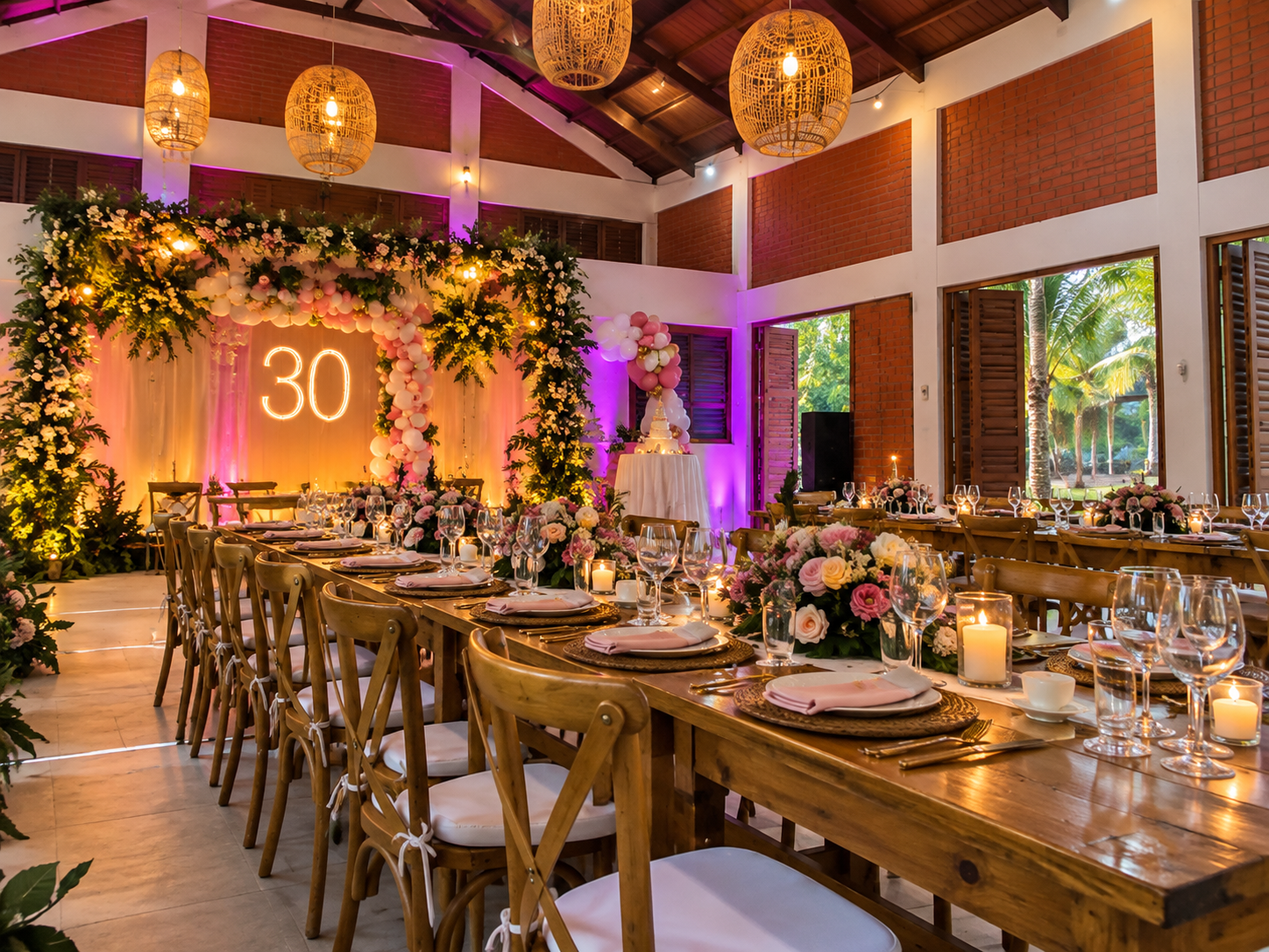 Birthday dinner setup in the hall